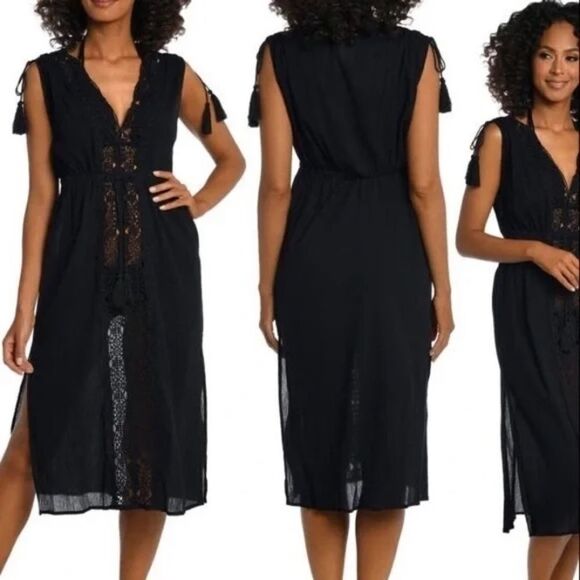 NWT LA BLANCA Island Fare Cotton Crochet Cover Up Midi Dress - Picture 2 of 9